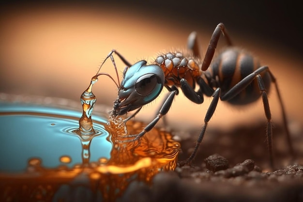 A close up of a ant drinking water from a blue water tank.