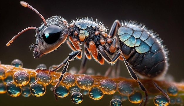 A close up of a ant on a leaf with the word ant on it