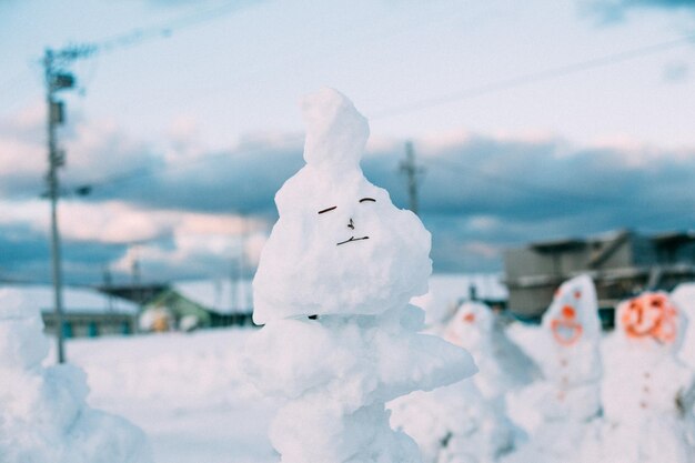 Photo close-up of anthropomorphic face on snow