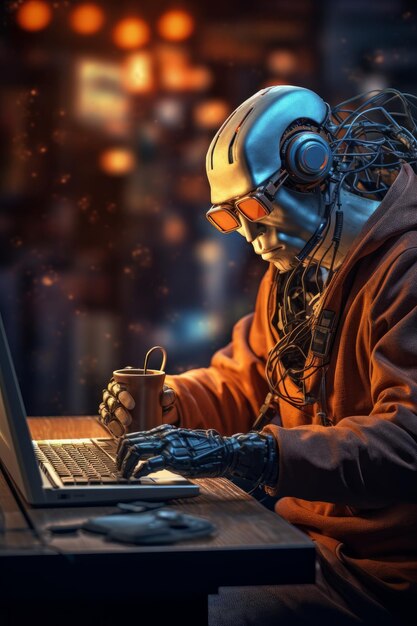 close up on anthropomorphic robot working on computer ai generated illustration