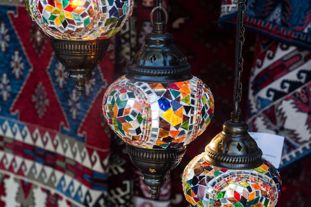 Close-up of antique lanterns at temple