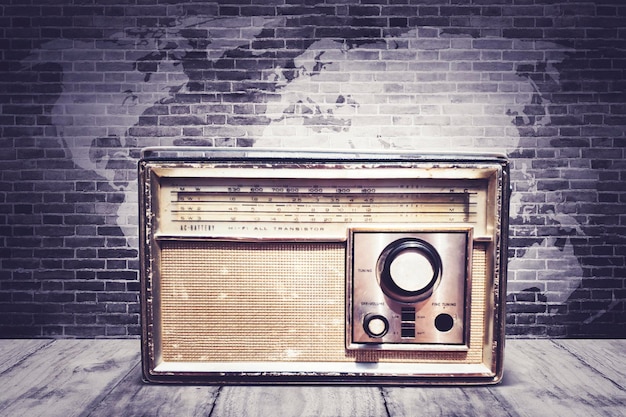 Close up of antique old radio on the wooden table