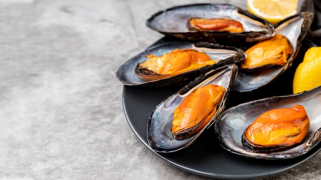 Close up of appetizing mussels