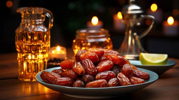 Foto prossimo piano di date dolci appetitose pasto del ramadan e lampada del ramadan con sfondo