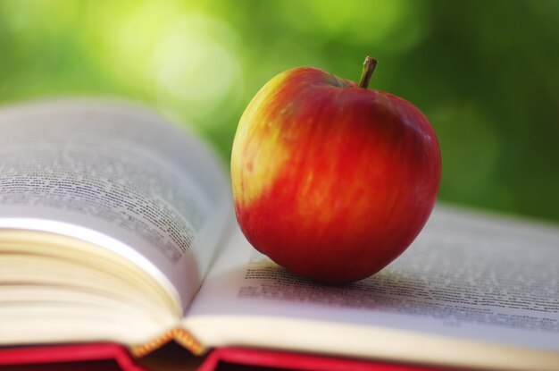 Foto prossimo piano della mela sul libro