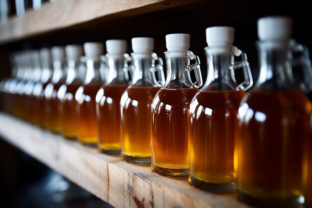 Close up of Apple Cider Bottles Lined up on a Shelf