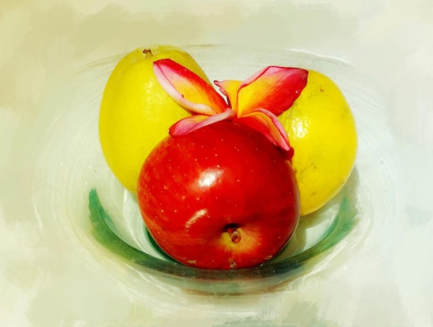 Photo close-up of apple and lemons in plate