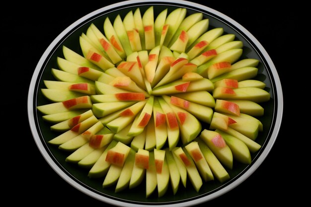 Photo close up of apple slices arranged in a wreath shape on a plate