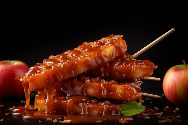 Close up of Apple Slices Dipped in Caramel Sauce on a Stick