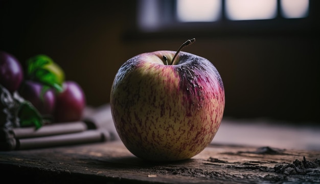 A close up of a apple on a table with a window behind it