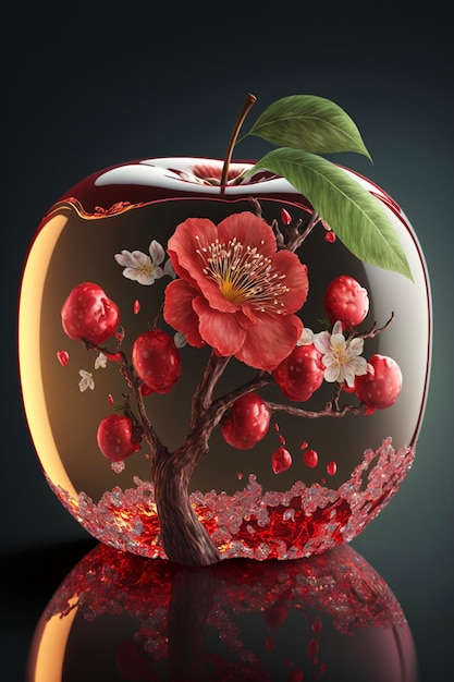 Close up of an apple with a flower inside of it generative ai