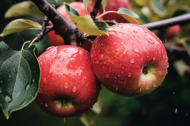 Close up of Apples Hanging from Tree Branches