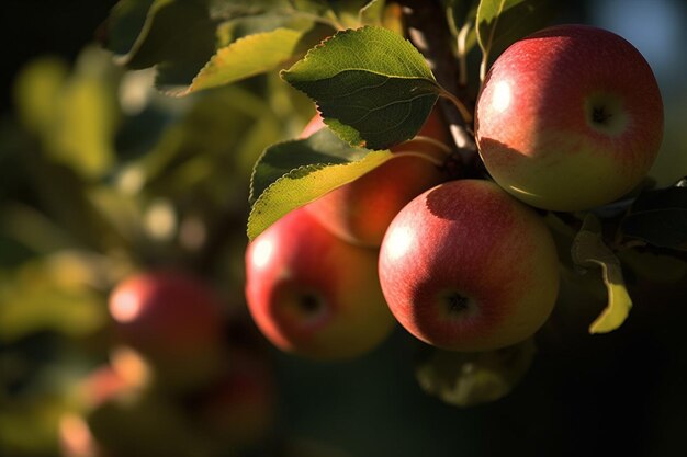 A close up of apples on a tree