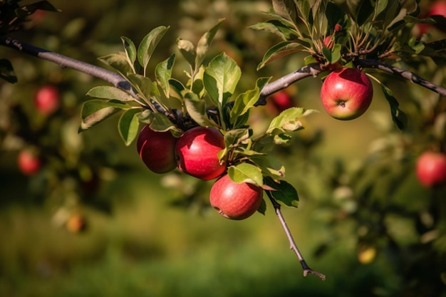 A close up of apples on a tree