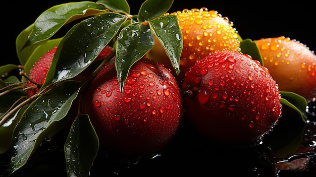 a close up of apples with water drops on them