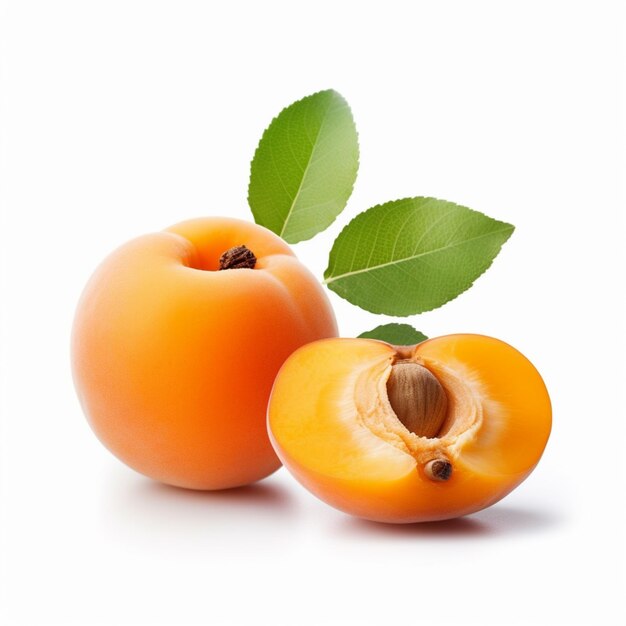 A close up of a apricot with a leaf on the side