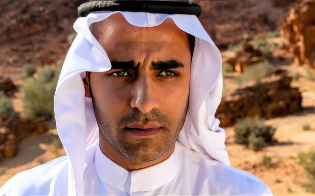 Foto uomo arabo in abbigliamento bianco tradizionale saudita thobe