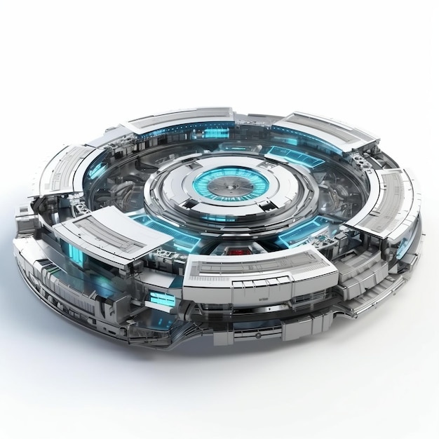 A close up of a arc reactor with blue lights on it isolated in white background