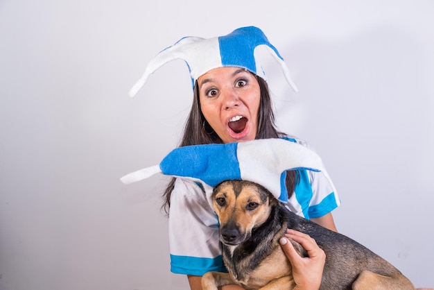 Close up of argentina fan celebrating with her dog young latina girl world cup world cup