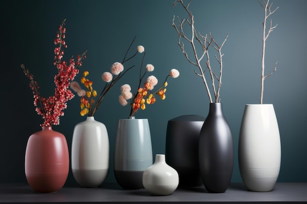 close up arrangement of modern vases