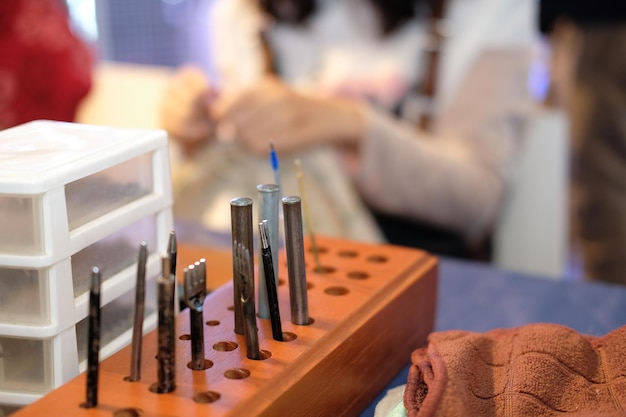 Close-up of art and craft equipment on table