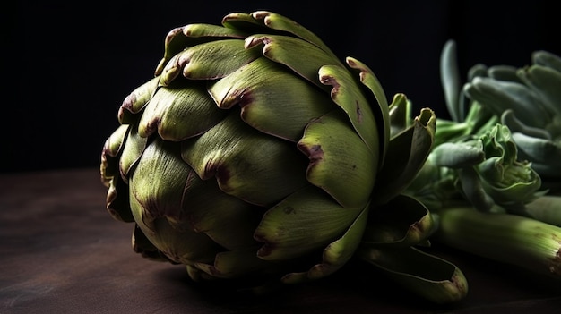 A close up of an artichoke on a table