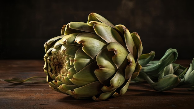 A close up of an artichoke on a wooden table