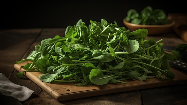 close up of arugula on a cutting board