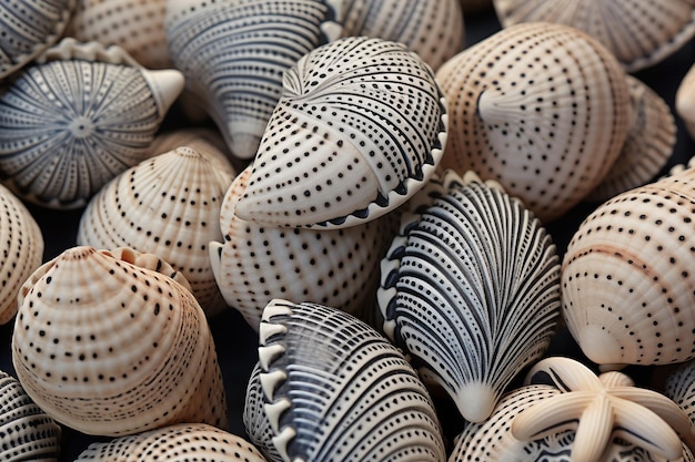 Close up of ash covered seashells with intricate details