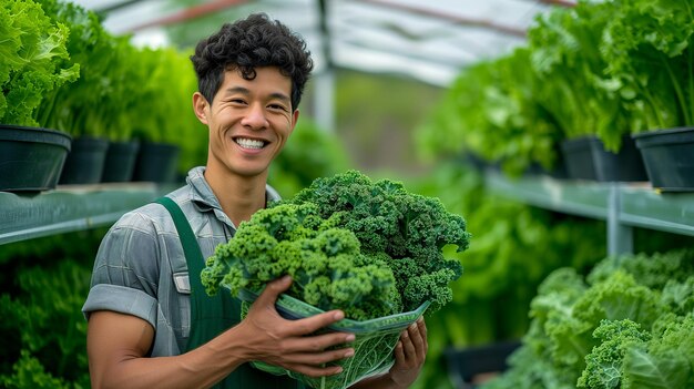 Foto un contadino asiatico in possesso di un cesto di verdure l'uomo è in piedi nel giardino