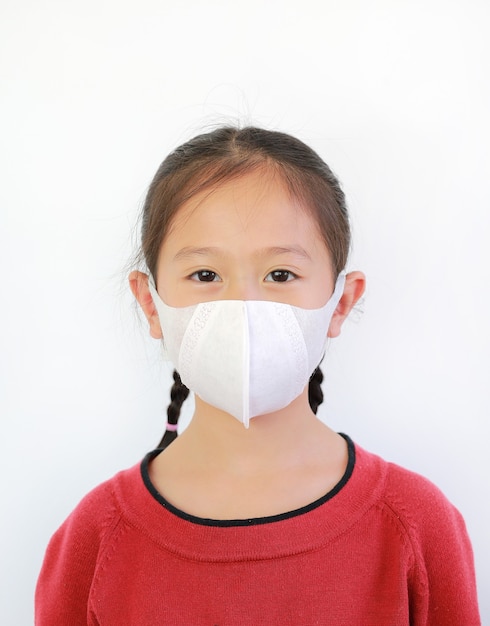 Close-up Asian little girl wear protect face mask over white