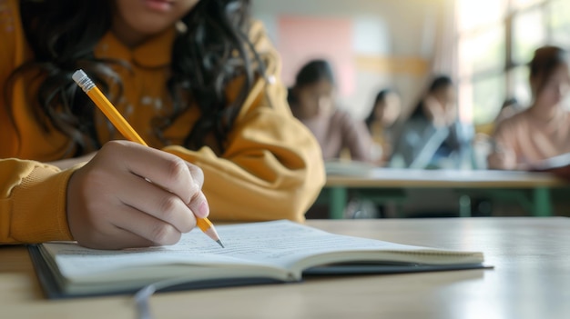 Photo close up of asian student girl writing an exam paper in class