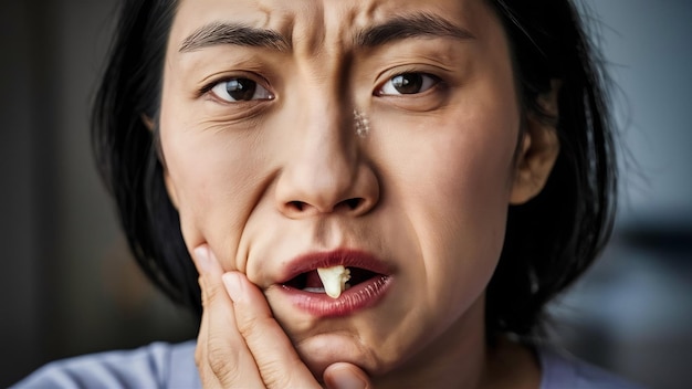 Photo close up asian woman have aphthous ulcer or canker sore on mouth at lip