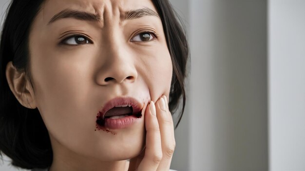 Photo close up asian woman have aphthous ulcer or canker sore on mouth at lip