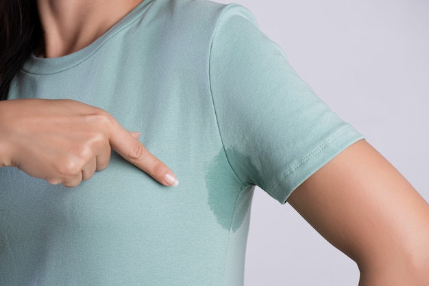 Close-up asian woman with hyperhidrosis sweating. Healthcare .