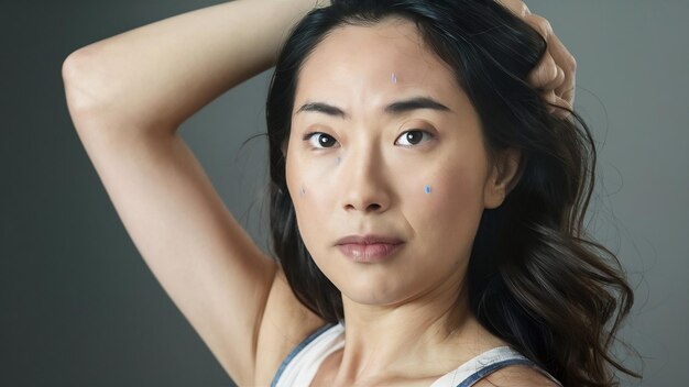 Photo close up asian woman with hyperhidrosis sweating