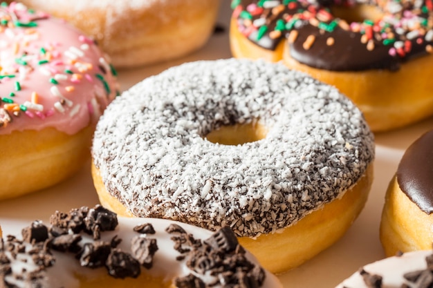 Close up of assorted donuts