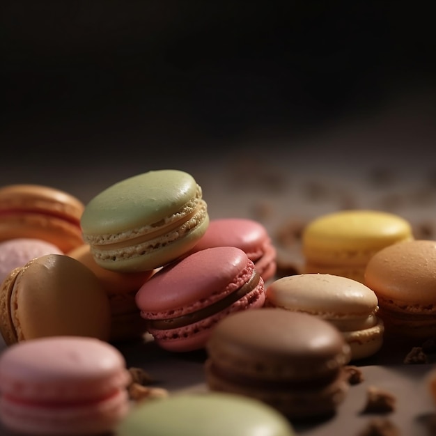 Close up of assorted french macaroon cookies