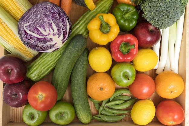 Close up of assorted fruits, vegetables and herb.