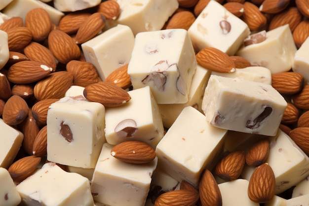 Close up of an assortment of delicious almond nougat chunks