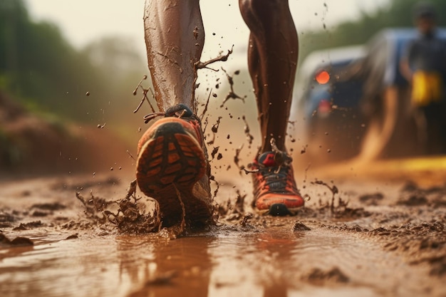 Close up athlete feet trail running with raining day Sport and Healthy concept Generative AI