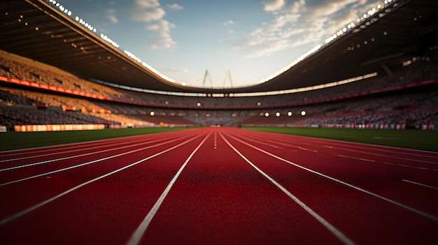 Photo close up athletics stadium with race track view