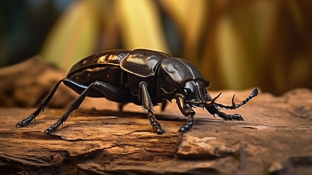 Close up of Atlas beetle Chalcosoma atlas on dried leaf flash fired Generative AI