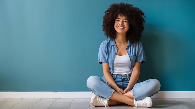 Foto prossimo piano su una giovane donna attraente e spensierata seduta sul pavimento