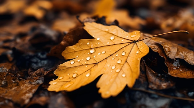 Close up of Autumn Leaves after Rain Blurred Background