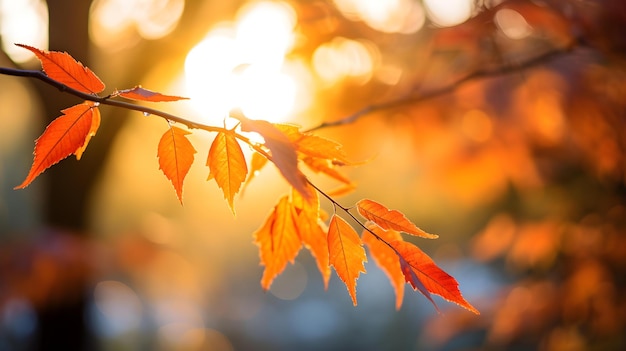 Close up of Autumn Leaves of a Tree in the Sunshine Blurred Background