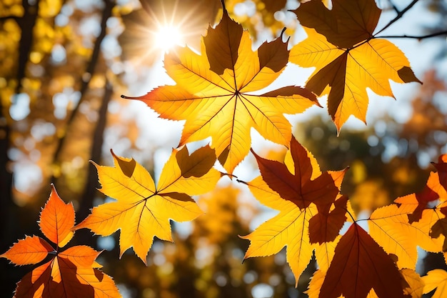 Close up of autumn leaves with the sun shining on them