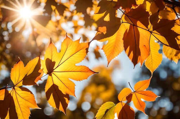 A close up of autumn leaves with the sun shining through them