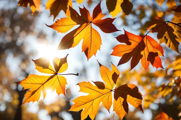 A close up of autumn leaves with the sun shining through them