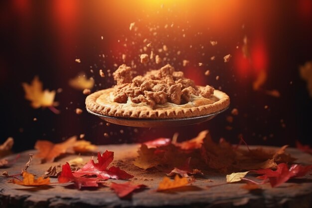 close up autumn pie levitate on a autumn theme background